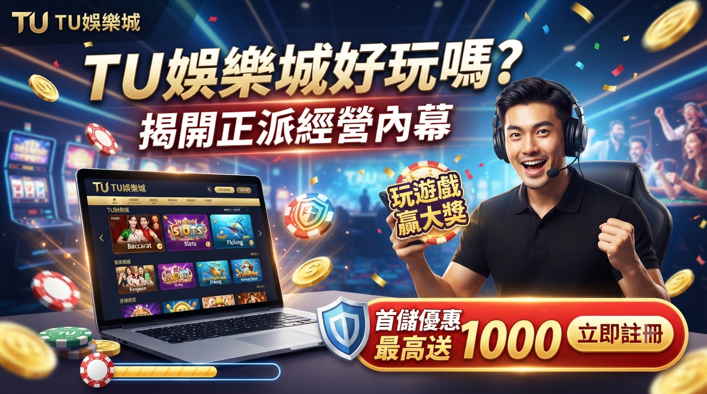 圖片展示了一台顯示TU娛樂城介面的筆記型電腦,並搭配了興奮的玩家與金幣元素。 畫面中醒目地標示了「TU娛樂城好玩嗎?」與「首儲優惠」等繁體中文字樣。