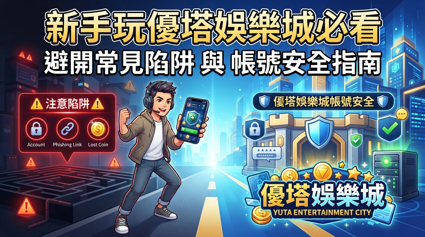 這張圖片是針對「新手玩優塔娛樂城必看」所設計的16:9 SEO文章縮圖，背景融合了數位科技城鎮與安全防護堡壘元素。 畫面中明確標示了文章主標題與副標題，並以繁體中文呈現防範陷阱及帳號安全的視覺提示。
