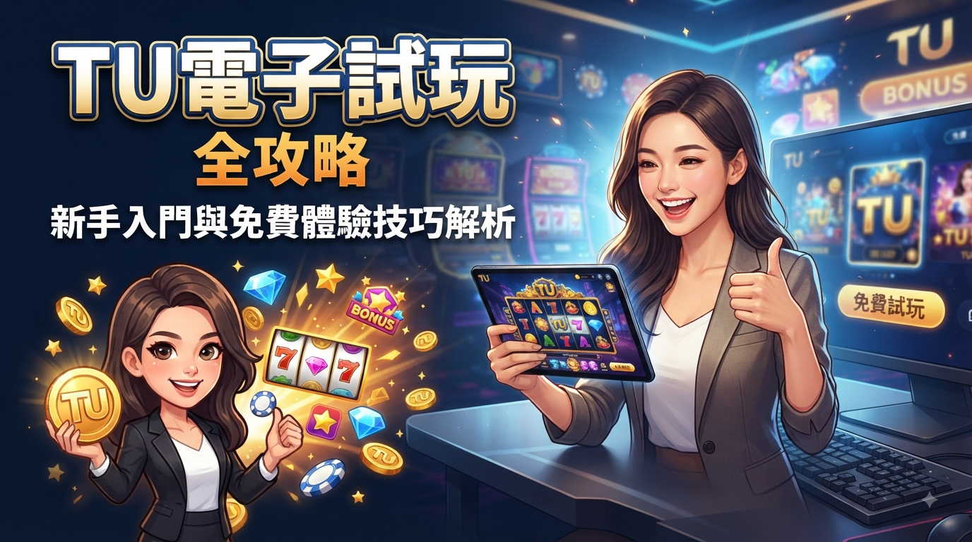這是一張針對「TU電子試玩」文章的縮圖，畫面中展示了一位真人與一位卡通形象的女子，兩人皆手持「TU」標誌的金幣或平板，對著鏡頭比讚。 背景為充滿賭場氛圍的數位空間，標題與副標題明確列出「TU電子試玩 全攻略」與「新手入門與免費體驗技巧解析」等繁體中文字樣。